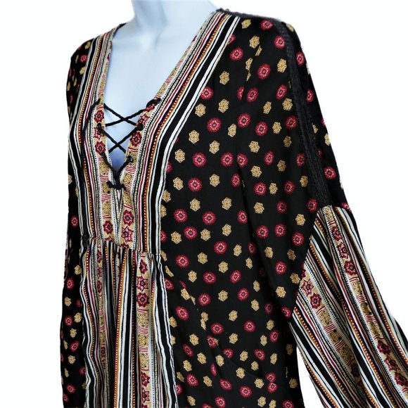 Free People Rain or Shine Mini Dress Pockets Pebbled Chiffon Lace Up V Neck S - Picture 4 of 8